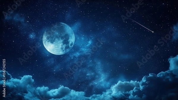 Fototapeta Vast Night Sky with Full Moon and Stars Illuminating Wispy Clouds in a Serene Atmosphere