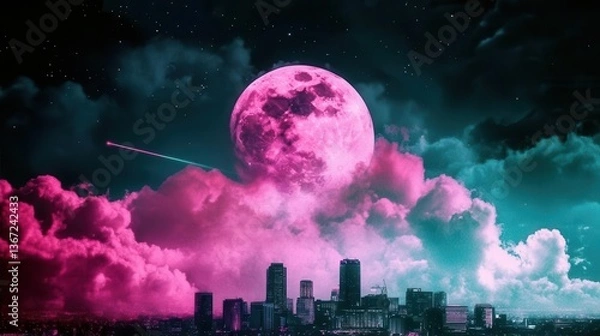 Fototapeta Surreal Cityscape Under a Bright Pink Moon and Colorful Clouds at Night