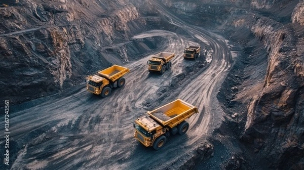 Fototapeta A fleet of massive mining trucks traversing a rugged quarry landscape at work