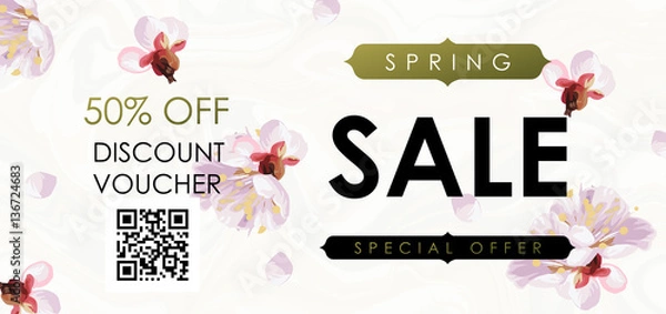 Fototapeta Gift certificate, Voucher, Coupon template with plum tree flovers, stripe pattern and shabby gold texture. Spring inspiration vector.