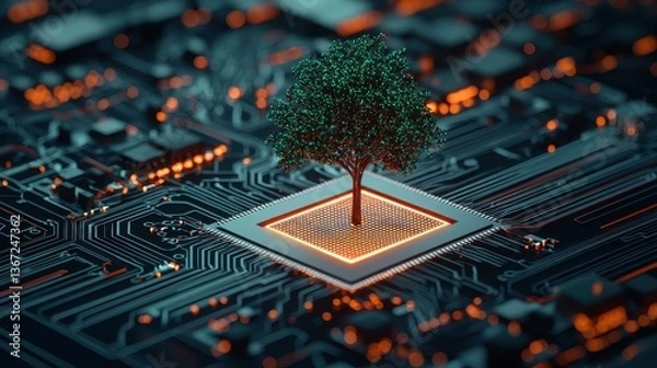Fototapeta Tree Growing on Computer Chip Symbolizing Technology, Nature, and Future Sustainability Concepts