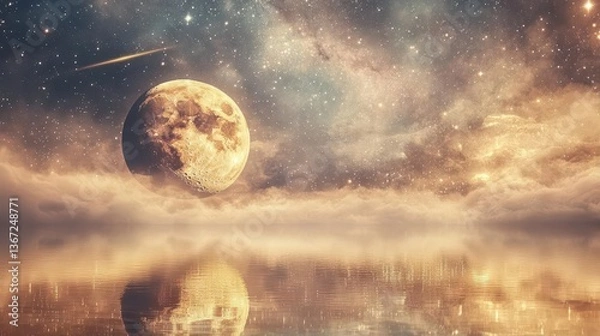 Fototapeta Mystical Moon Over a Calm Lake Reflecting the Starry Night Sky with Clouds and Dreamy Atmosphere