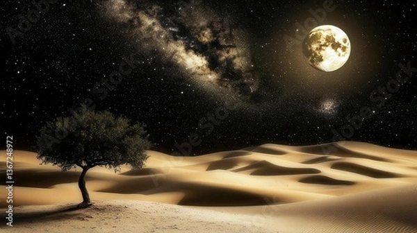 Fototapeta Nighttime Desert Landscape with Silhouetted Tree Under a Starry Sky and Bright Moon