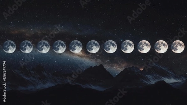 Obraz Phases of the Moon Over Majestic Mountains Under a Starry Night Sky
