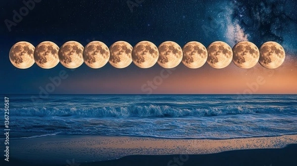 Fototapeta Sequence of Full Moons Over a Calm Ocean at Twilight with Stars and Milky Way in the Background