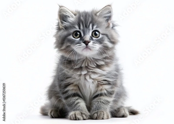 Fototapeta Adorable Gray Kitten, Joyful Expression, Isolated, Pet Photo, Stock Image
