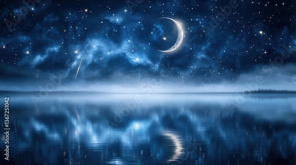 Obraz Serene Night Sky with a Full Moon and Stars Reflected on Calm Water Surface