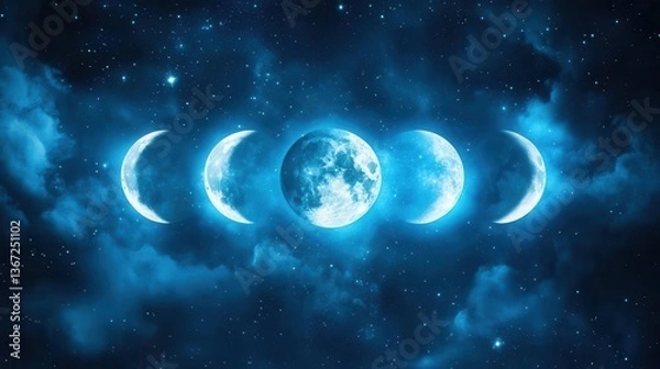 Fototapeta Phases of the Moon in a Starry Night Sky with Clouds Creating a Mystical Atmosphere