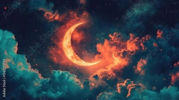 Fototapeta Mystical Crescent Moon Illuminated by Fiery Clouds in a Starry Night Sky