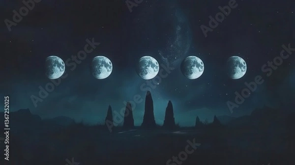 Fototapeta Phases of the Moon Over Ancient Stone Structures at Night with Dark Cosmic Landscape