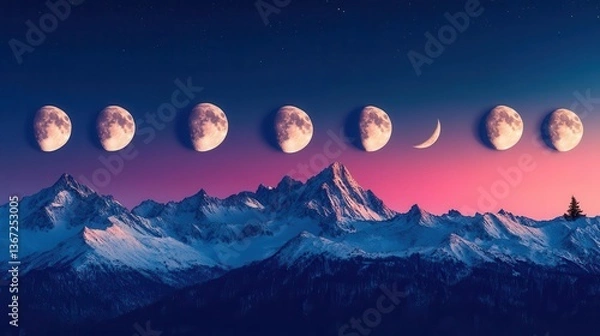 Obraz Phases of the Moon Over Snow-Capped Mountains at Twilight with Colorful Gradient Sky