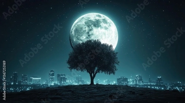 Fototapeta Serene Night Landscape with a Majestic Tree Silhouetted Against a Full Moon Over City Skyline