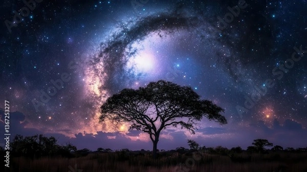 Obraz Silhouette of a Majestic Tree Beneath a Brilliant Galactic Sky Filled with Stars and Cosmic Wonder