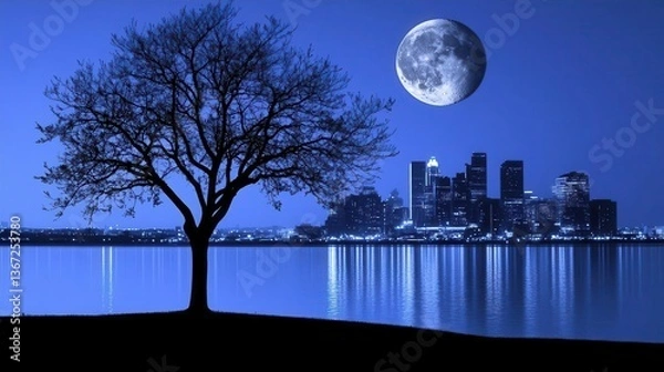 Obraz Silhouette of a Tree Against a Full Moon Over a Cityscape Reflected in Water at Night