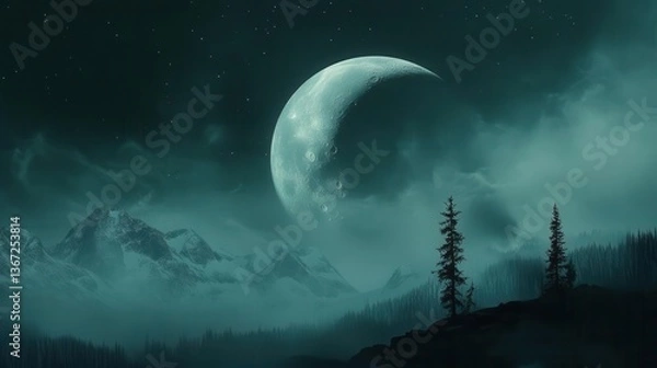 Fototapeta Mysterious Night Landscape Featuring a Large Crescent Moon Over Dark Mountains and Forests