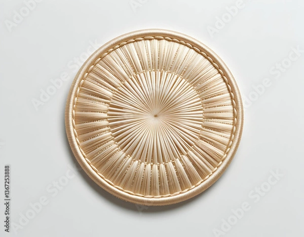 Fototapeta Round Woven Placemat with Circular Design on a Clean White Surface