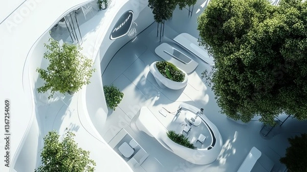 Fototapeta Modern, sustainable building interior with lush greenery.  Curved white architecture blends seamlessly with nature.  High-angle view.