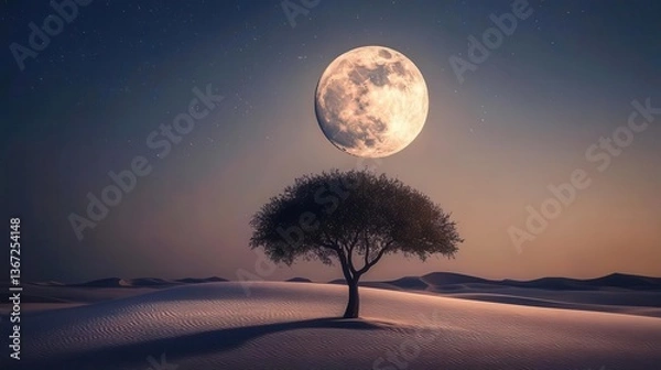 Fototapeta Silhouette of a Tree Under a Bright Moon in a Starry Night Sky over a Serene Landscape