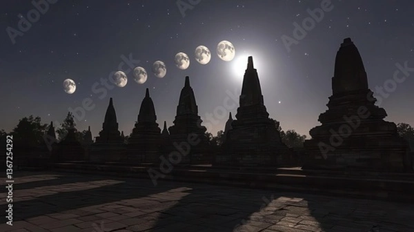 Fototapeta Silhouette of Ancient Temples Under a Starlit Sky with Phases of the Moon in the Night