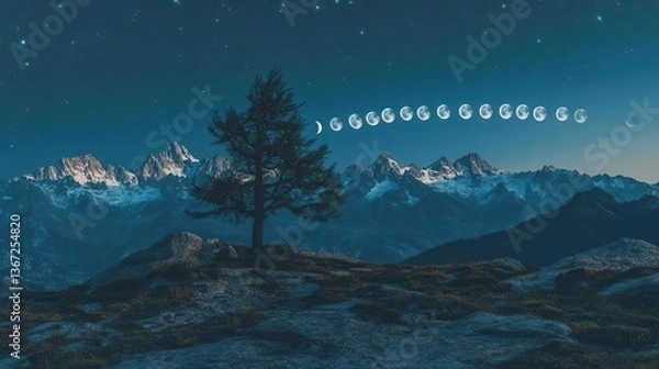 Fototapeta Silhouetted Tree on Mountain Peak Under Starry Sky with Moon Phases in Nighttime Landscape