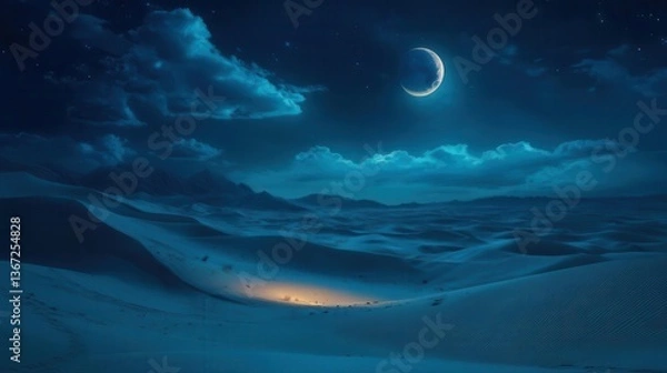 Obraz Serene Desert Landscape Under Moonlight with Distant Clouds and Gentle Sand Dunes at Night