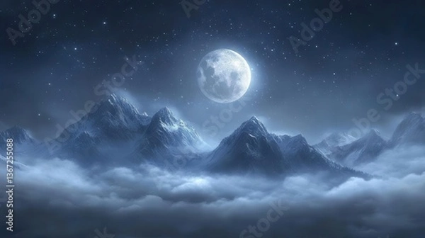 Fototapeta Serene Mountain Landscape Under Moonlight with Clouds and Stars in a Night Sky