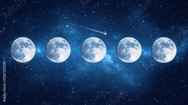 Fototapeta Phases of the Full Moon in a Starry Night Sky with a Comet Trailing Through Space