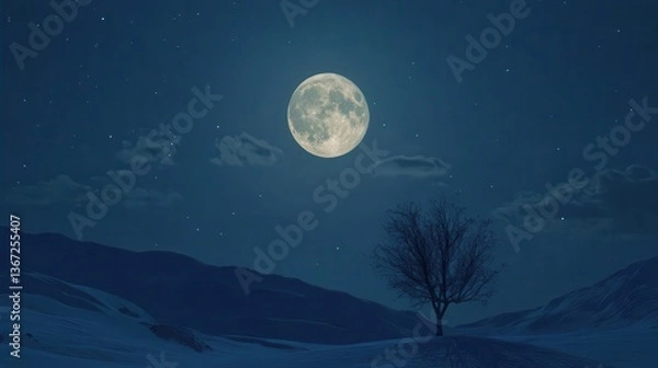 Fototapeta Solitary Tree Under a Bright Full Moon in a Tranquil Nighttime Landscape with Stars and Clouds