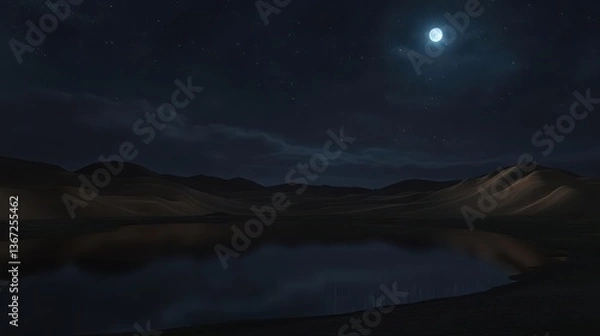 Fototapeta Starlit Night Landscape with Moon Reflections on Calm Water Surrounded by Hills