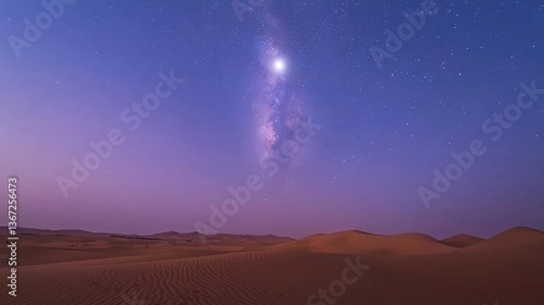 Obraz Starry Night Sky Over Sand Dunes in a Desert Landscape with Milky Way Galaxy Beyond
