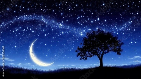 Fototapeta Serene Night Sky with Stars and Crescent Moon Over a Silhouette of a Tree on a Horizon