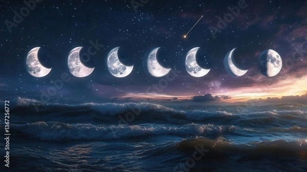 Fototapeta Phases of the Moon Over an Ocean at Twilight with Stars and Dramatic Clouds in the Sky