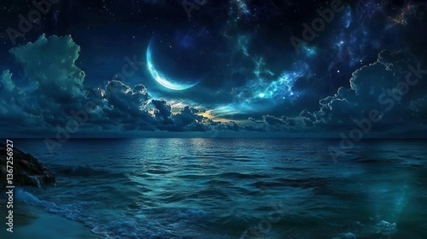 Fototapeta Serene Night Ocean Landscape Under a Starry Sky with Illuminated Clouds and Moonlit Reflections