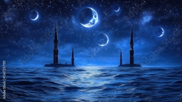 Fototapeta Mystical Night Scene Over a Calm Ocean with Towers Under a Starry Sky and Illuminated Moon