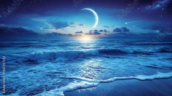 Fototapeta Serene Nighttime Ocean View Under Starry Sky with Illuminated Moon Over Calm Waters