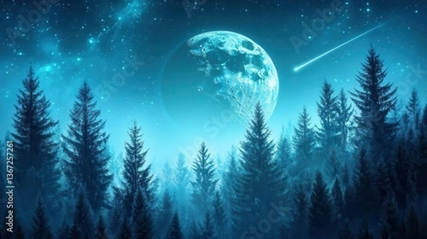Obraz Serene Nightscape with Full Moon and Stars Above a Dense Evergreen Forest in a Mystical Setting