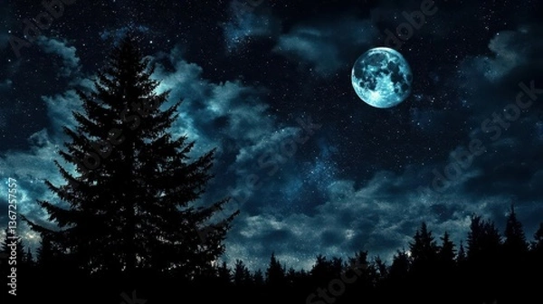 Fototapeta Starry Night Sky with Full Moon and Silhouetted Trees Underneath in a Tranquil Setting