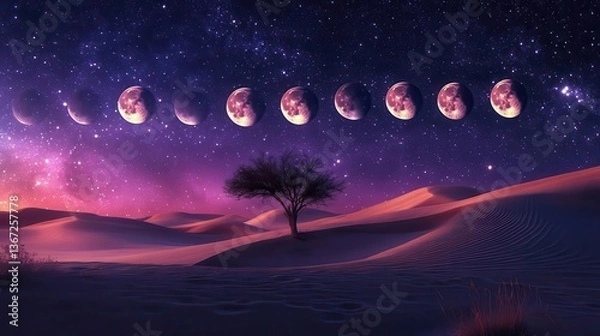 Fototapeta Phases of the Moon Over Serene Desert Landscape with Silhouette of Tree Under Starry Night Sky