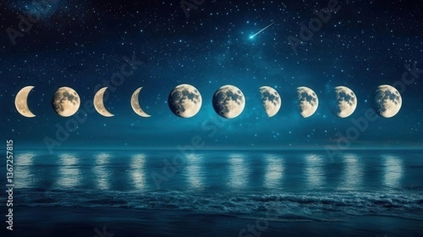 Fototapeta Phases of the Moon Reflecting Over Calm Ocean Waters Against Starry Night Sky
