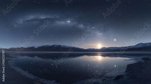 Fototapeta Starry Night Sky Over Tranquil Lake Reflecting the Milky Way and Rising Moon