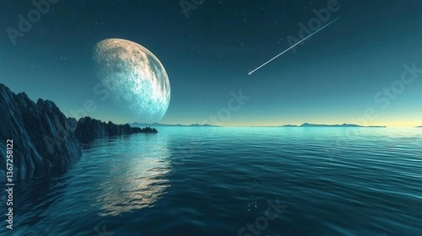 Fototapeta Nighttime Ocean Landscape with Illuminated Moon and Stars Reflecting on Calm Waters
