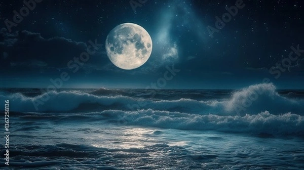 Obraz Stunning Moonlit Seascape with Bright Moon and Gentle Waves Under Starry Night Sky