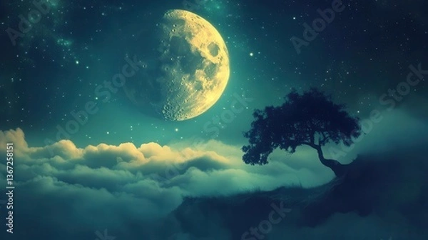 Obraz Mystical Tree Silhouette Under a Bright Full Moon Amidst Ethereal Clouds and Twinkling Stars