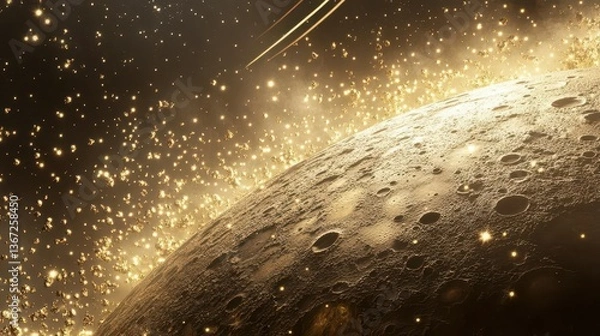 Fototapeta Shimmering Golden Space Dust and Celestial Bodies in an Expansive Cosmic Landscape