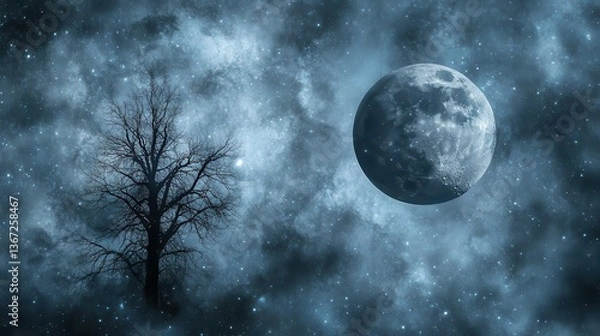 Obraz Silhouetted Tree Against a Celestial Background with a Full Moon and Stars in a Night Sky