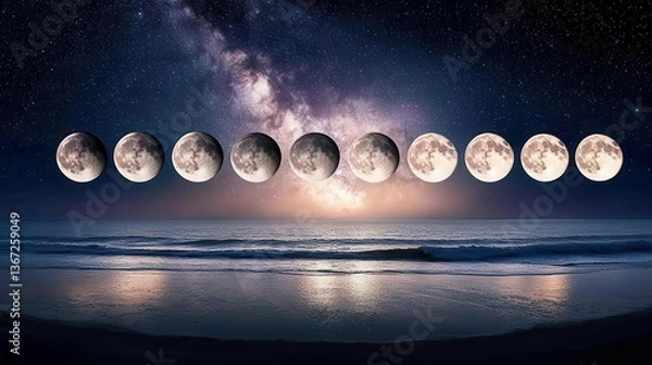 Fototapeta Phases of the Moon Over a Serene Ocean Under a Starry Night Sky with Cosmic Reflection