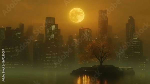 Fototapeta Silhouette of Modern City Skyline Under Golden Moonlight with Reflections in Foggy Water