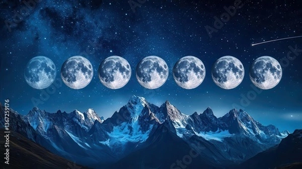 Obraz Phases of the Full Moon Over Majestic Snow-Capped Mountains Under a Starry Night Sky