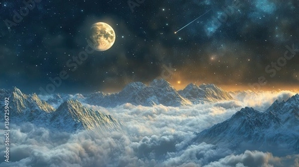 Fototapeta Starlit Mountains Under a Full Moon Illuminating Clouds at Night in a Serene Landscape