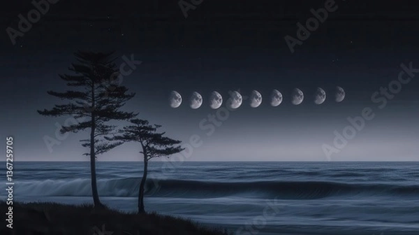 Fototapeta Phases of the Moon Over the Ocean with Silhouetted Trees During a Calm Night